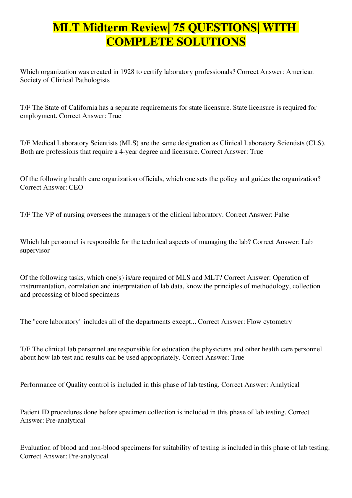 Preview image for MLT Midterm Review| 75 QUESTIONS| WITH COMPLETE SOLUTIONS